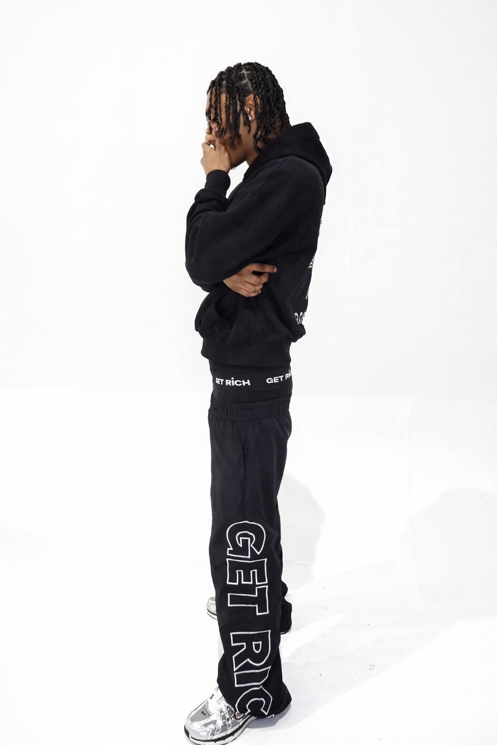 BLACK DOUBLE WAISTED NYLON TRACKPANTS